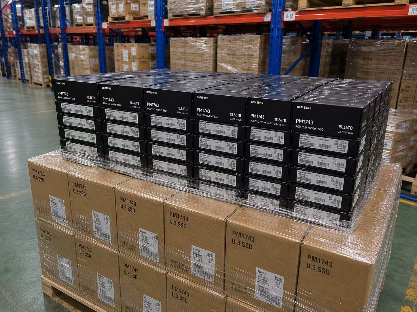 Pallet of boxed Samsung PM1743 SSD stock in warehouse